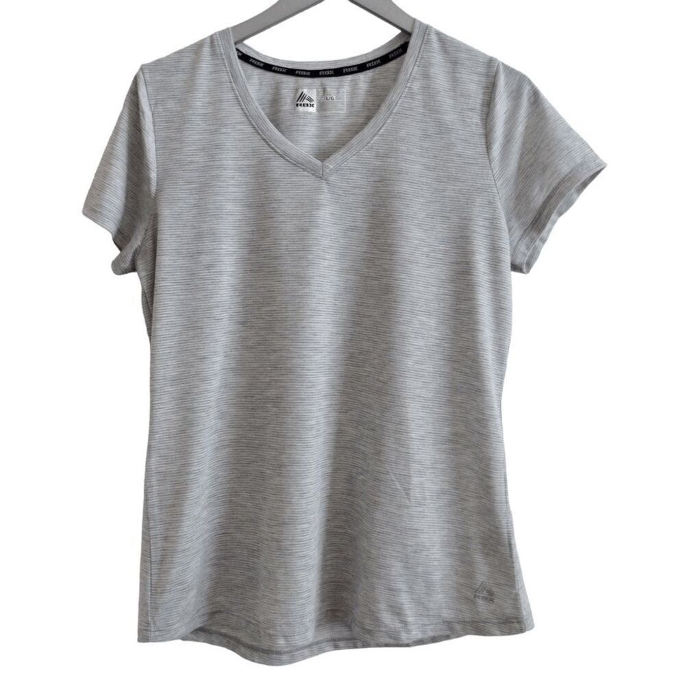 RBX Gray & White‎ Stripe Performance Active V-Neck T-Shirt L